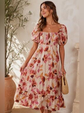 NWT London Times Womens Beige Rust Floral Puff Sleeve Dress Size 6